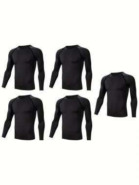 5 Pcs Mens High-Performance Solid Muscle Fit T-Shirts - Stretchy Crew Neck Long Sleeve Sports Tees for Active Fitness Enthusiasts - Moisture-Wicking, Quick-Drying, Four-Season Wear for Hiking, Jogging, Cycling, and Outdoor Activities