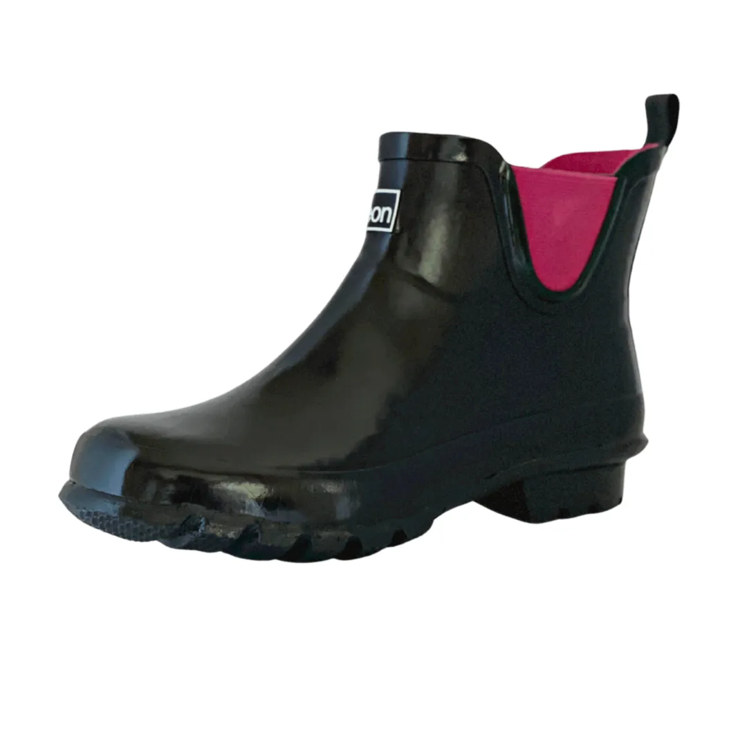 Ankle Height Rain Boots - Black Glossy - Wide Foot - Easy to Slip On