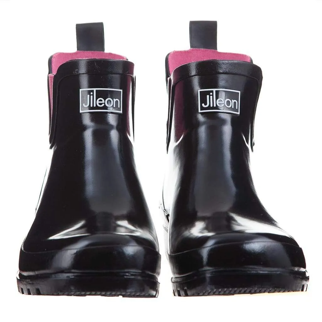 Ankle Height Rain Boots - Black Glossy - Wide Foot - Easy to Slip On