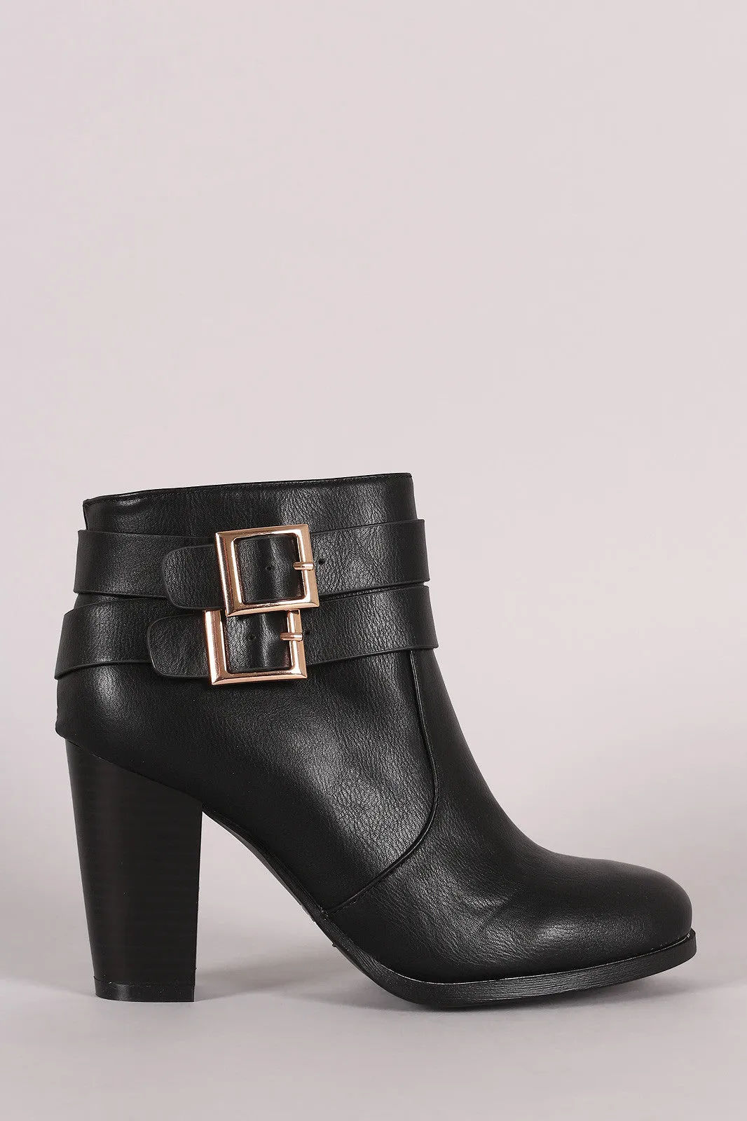 Bamboo Double Buckle Strap Chunky Heeled Ankle Boots