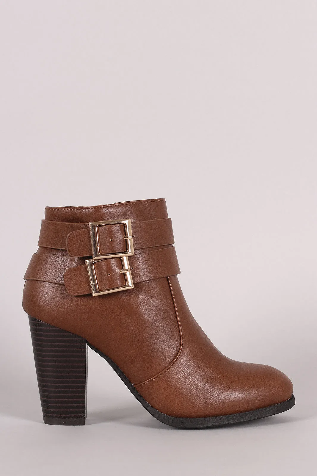 Bamboo Double Buckle Strap Chunky Heeled Ankle Boots