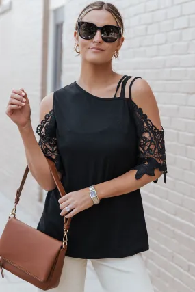 Black Lace Splicing Strappy Cold Shoulder Top