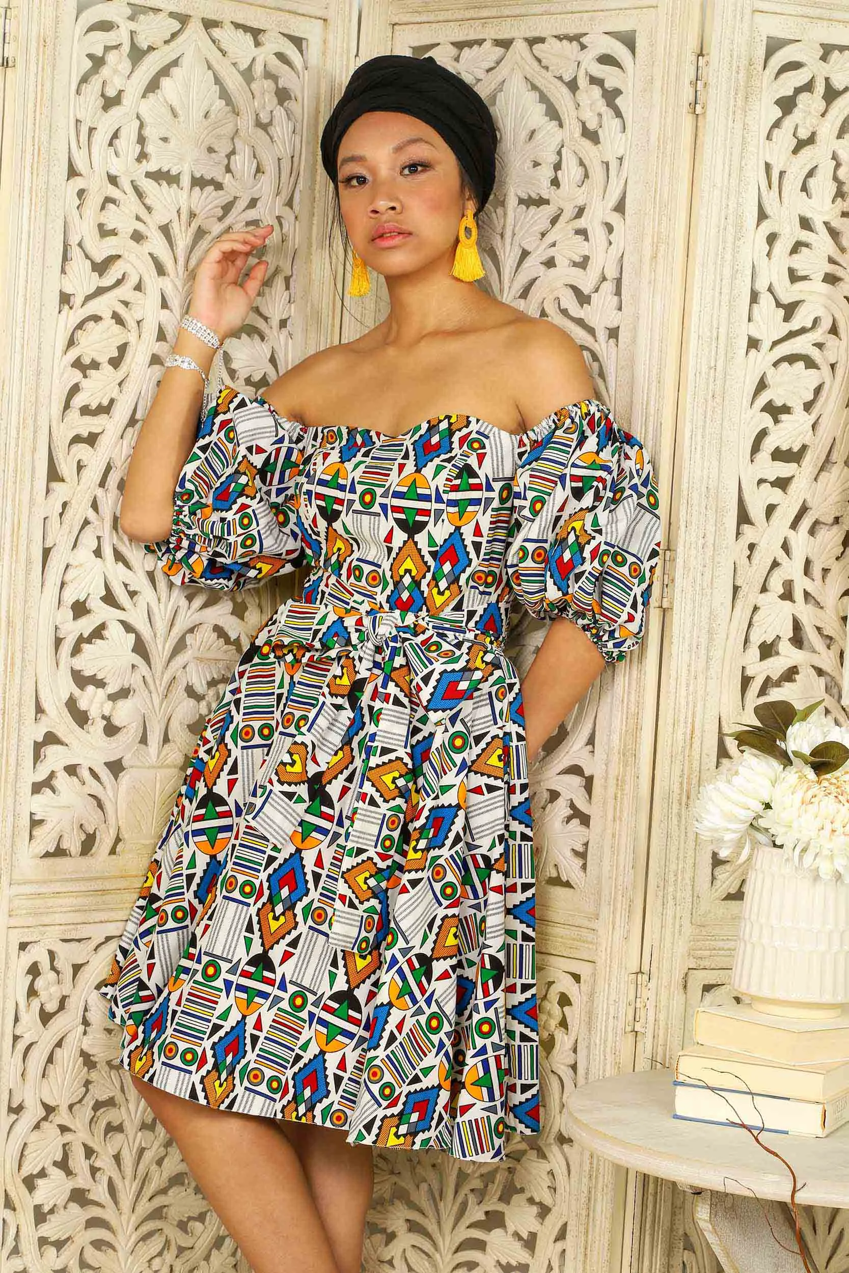 LABELLE African Print Mini Dress (Puff Sleeves)