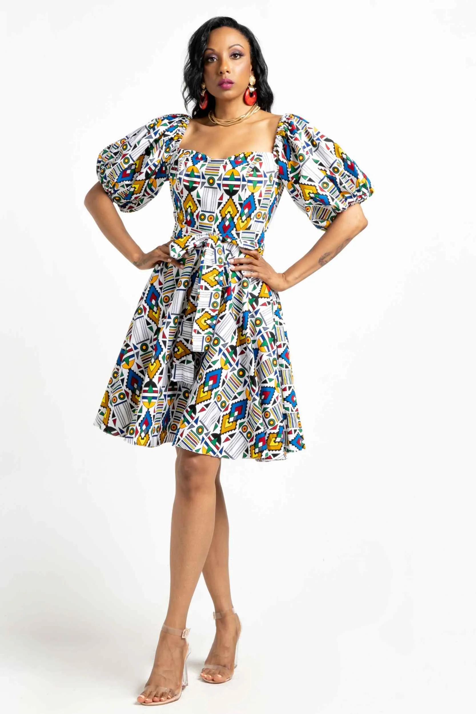 LABELLE African Print Mini Dress (Puff Sleeves)