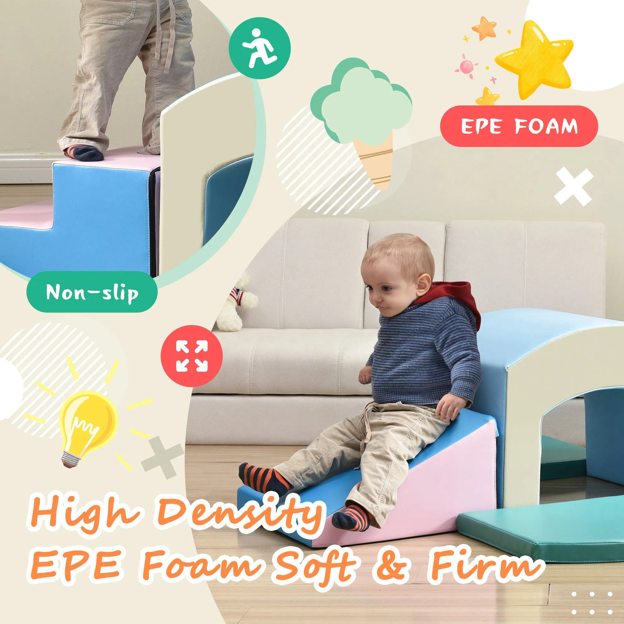 Soft Foam Playset for Toddlers; Safe SoftZone Single-Tunnel Foam Climber for Kids; Lightweight Indoor Active Play Structure with Slide Stairs and Ramp for Beginner Toddler Climb and Crawl