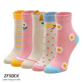 ZFSOCK Spring Design Flower Pink Socks for Girls Kids, 5 Pairs