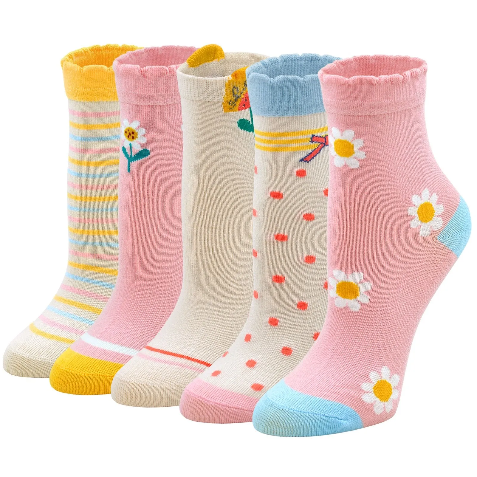 ZFSOCK Spring Design Flower Pink Socks for Girls Kids, 5 Pairs