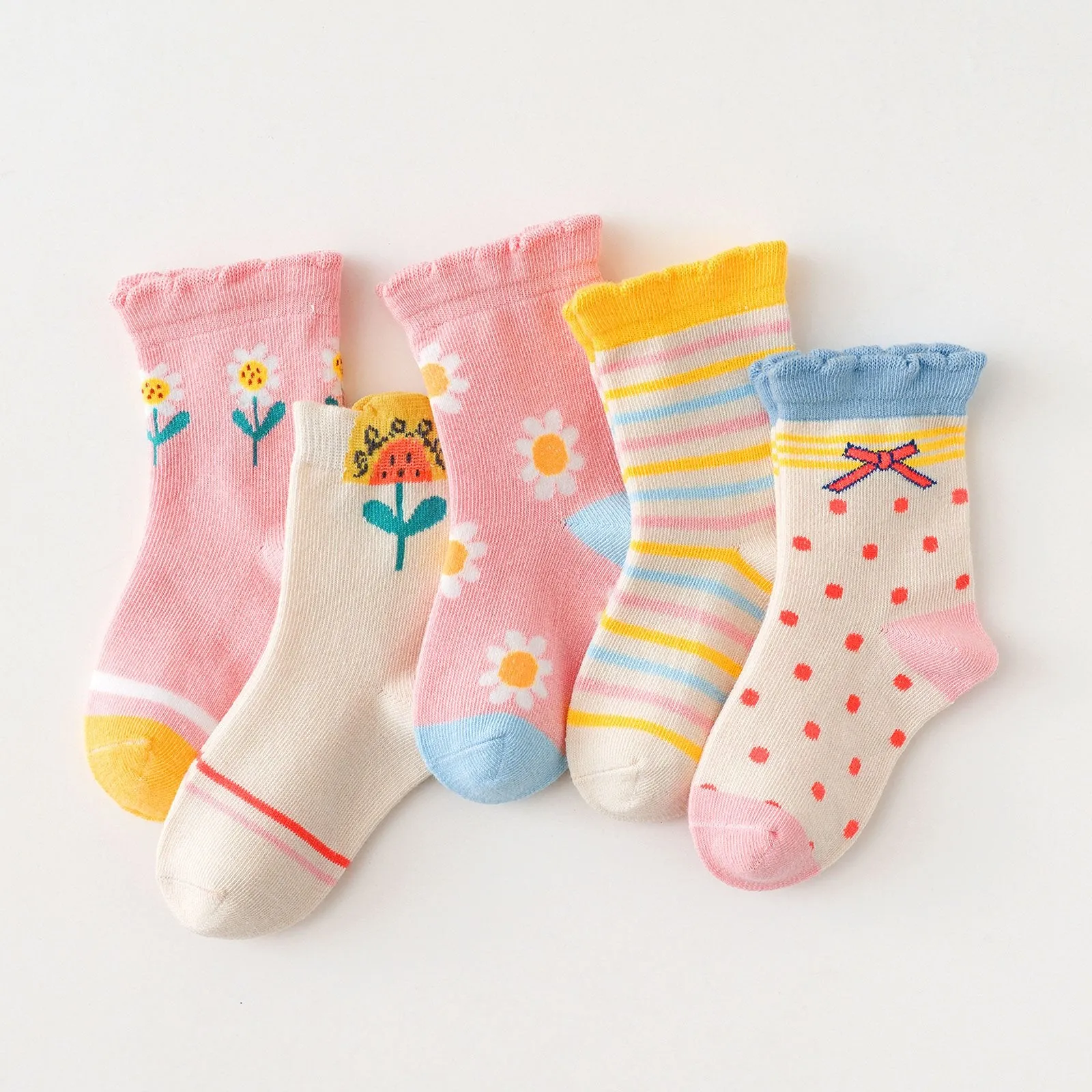 ZFSOCK Spring Design Flower Pink Socks for Girls Kids, 5 Pairs